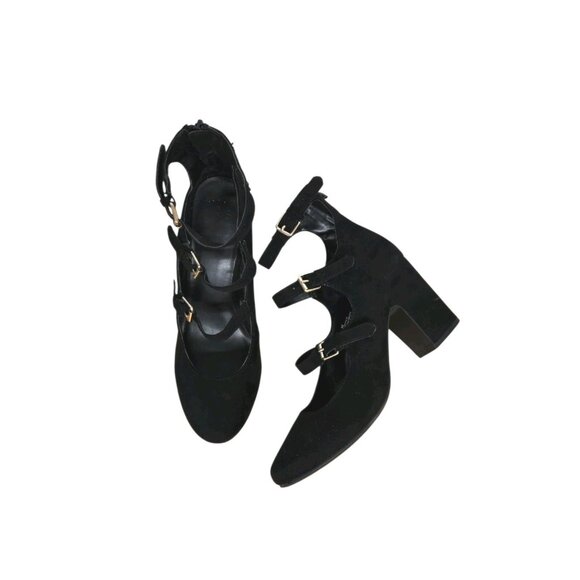 Womens 8.5 Black Faux Suede 3 Strap Mary Jane Pump Heels Round Toe Preppy - Picture 2 of 9